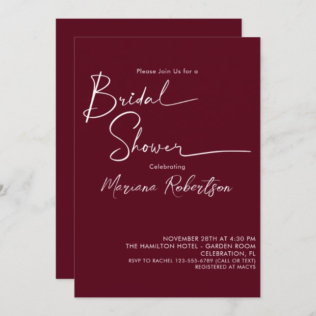 Modern Minimalist Script Burgundy Bridal Shower Invitation (Front/Back)
