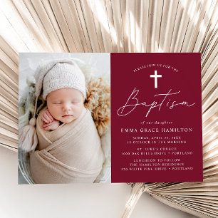 Modern Minimalist Script Burgundy Photo Baptism Invitation