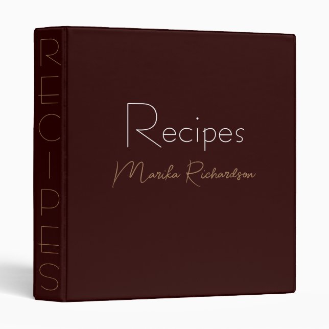 Modern Minimalist Script Chocolate Brown Recipes Binder (Front/Spine)