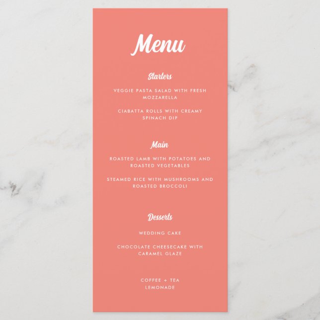 Modern Minimalist Script Coral Pink Wedding Menu (Front)