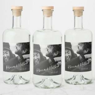 Modern Minimalist Script Custom Photo Wedding Liquor Bottle Label