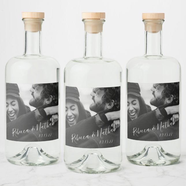 Modern Minimalist Script Custom Photo Wedding  Liquor Bottle Label (Bottles)