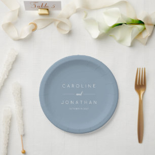 Modern Minimalist Script Custom Wedding Dusty Blue Paper Plate