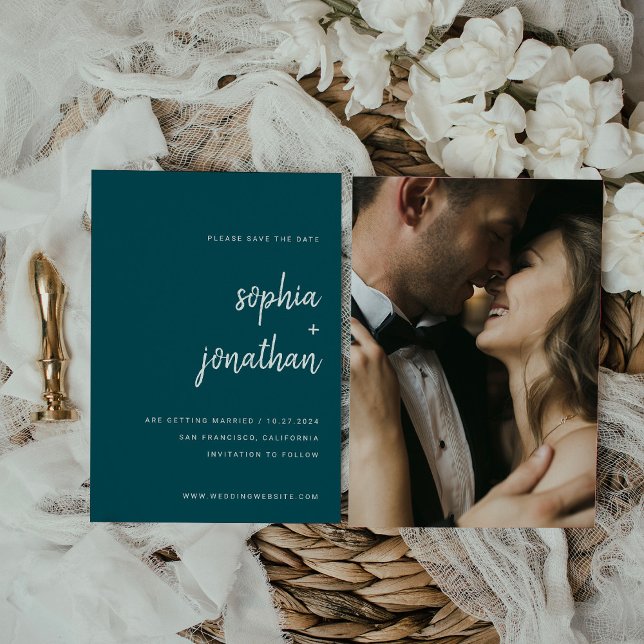 Modern Minimalist Script Deep Teal | Photo Back Save The Date (Creator Uploaded)