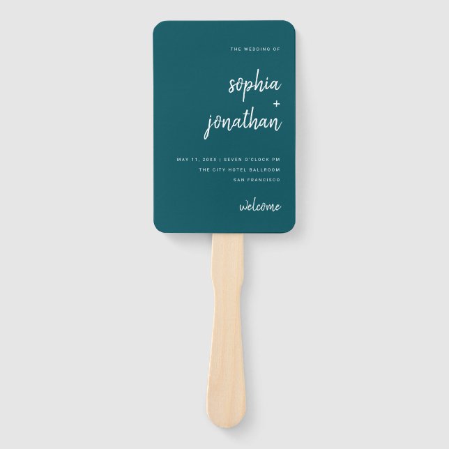 Modern Minimalist Script Deep Teal | Wedding Hand Fan (Front)