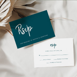 Modern Minimalist Script Deep Teal Wedding RSVP Card