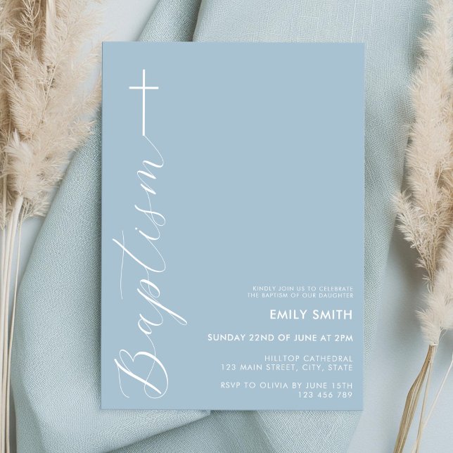 Modern Minimalist Script Dusty Blue Baptism Invitation (Creator Uploaded)