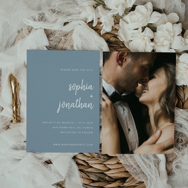 Modern Minimalist Script Dusty Blue | Photo Back Save The Date (Creator Uploaded)