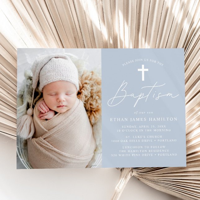 Modern Minimalist Script Dusty Blue Photo Baptism Invitation (Creator Uploaded)