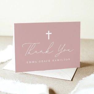 Modern Minimalist Script Dusty Rose Photo Baptism Thank You Card