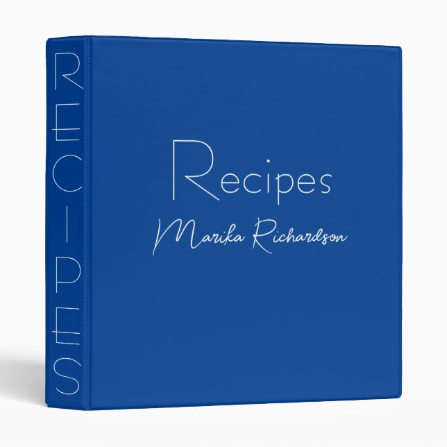 Modern Minimalist Script Elegant Blue Recipes Binder (Front/Spine)