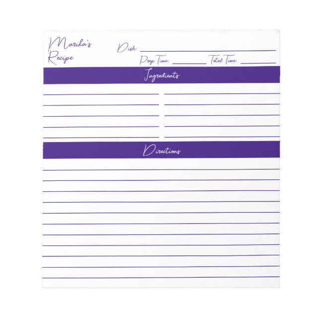 Modern Minimalist Script Elegant Purple Recipes Notepad (Front)