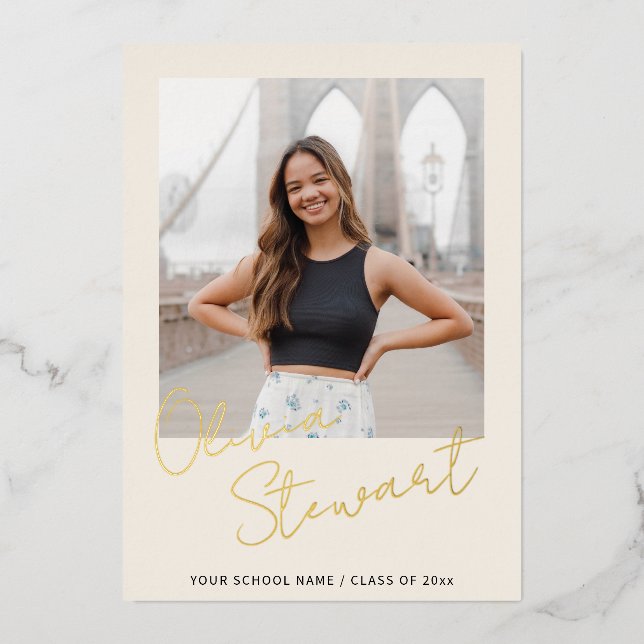 Modern Minimalist Script Graduation Photo Gold Foil Holiday Card (Front)