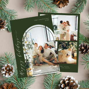 Modern Minimalist Script Happy Holiday Photo Green Card