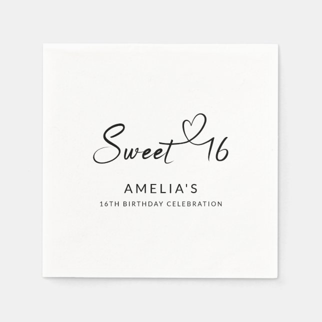 Modern Minimalist Script Heart Sweet 16 Napkin (Front)