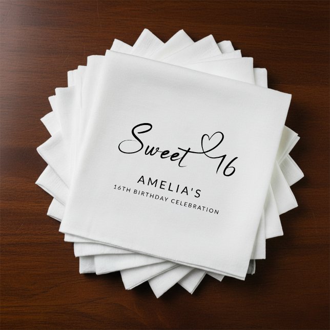 Modern Minimalist Script Heart Sweet 16 Napkin (Creator Uploaded)