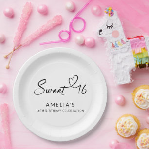 Modern Minimalist Script Heart Sweet 16 Paper Plate