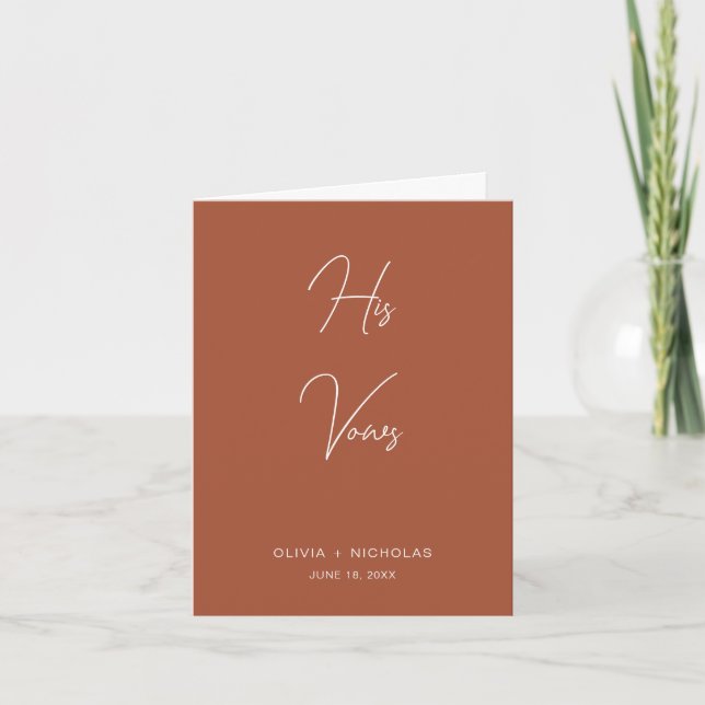 Modern Minimalist Script His Wedding Vow Book Card (Front)