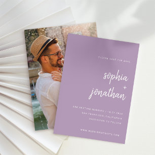 Modern Minimalist Script Lavender Photo Back Save The Date