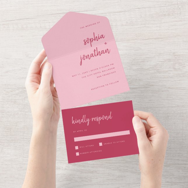Modern Minimalist Script Magenta and Pink Wedding All In One Invitation (Tearaway)