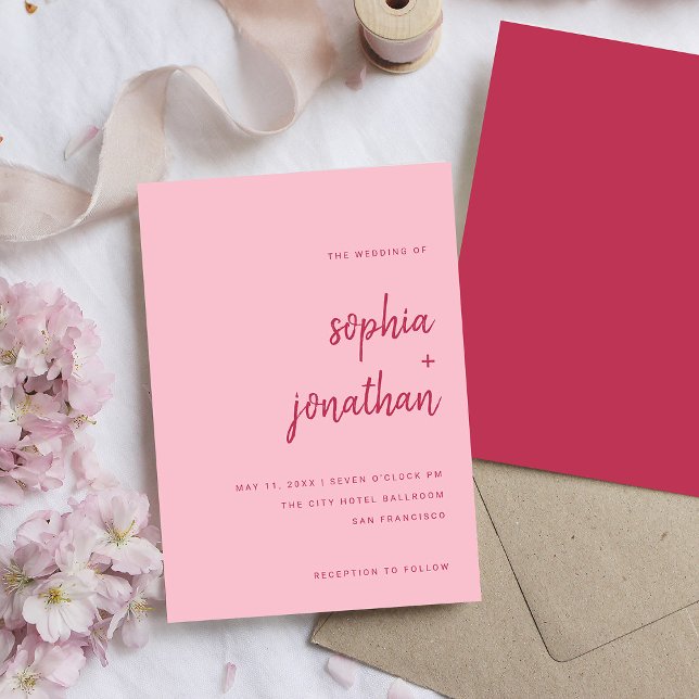 Modern Minimalist Script Magenta and Pink Wedding Invitation (Creator Uploaded)