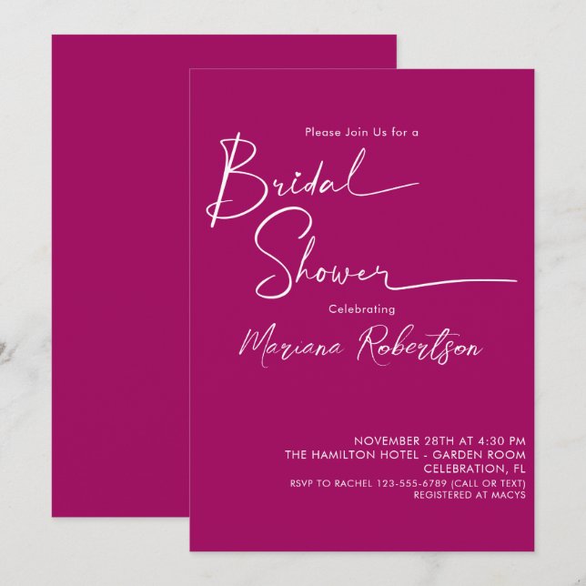 Modern Minimalist Script Magenta Bridal Shower Inv Invitation (Front/Back)