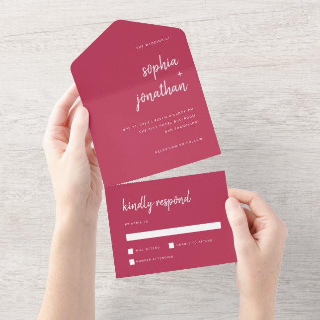 Modern Minimalist Script Magenta Red | Wedding All In One Invitation (Tearaway)