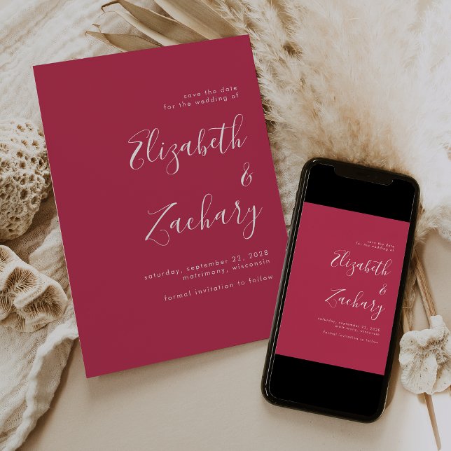 Modern Minimalist Script Magenta Save the Date Announcement (Creator Uploaded)