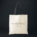 Modern Minimalist Script Maid of Honour Tote Bag<br><div class="desc">This simple tote bag is such a fun gift for your favourite girls! The minimal yet elegant design is perfect for the modern bride. Featuring a handwritten signature script with a simple sans-serif font. Personalize this bag with your maid of honour's name by clicking "Details" next to "Personalize this template,...</div>