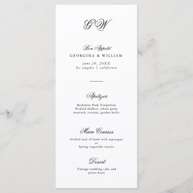 Modern Minimalist Script Monogram Wedding Menu (Front)
