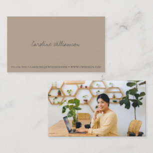Modern Minimalist Script Name Photo Taupe Custom Business Card