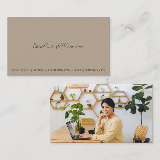 Modern Minimalist Script Name Photo Taupe Custom Business Card (Front/Back)