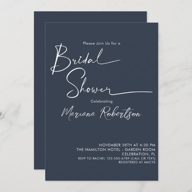 Modern Minimalist Script Navy Blue Bridal Shower Invitation (Front/Back)