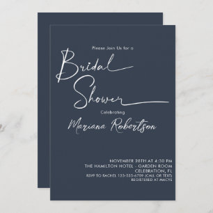 Modern Minimalist Script Navy Blue Bridal Shower Invitation