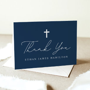 Modern Minimalist Script Navy Blue Photo Baptism Thank You Card