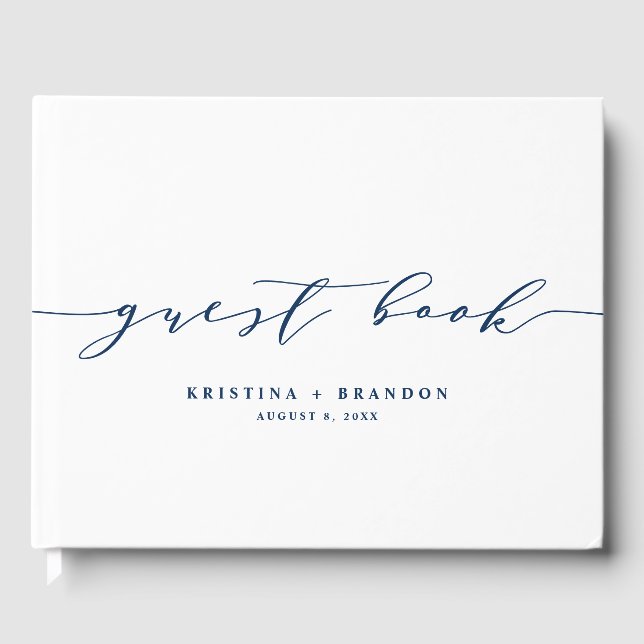 Modern Minimalist Script Navy Blue Photo Wedding Guest Book (Front)