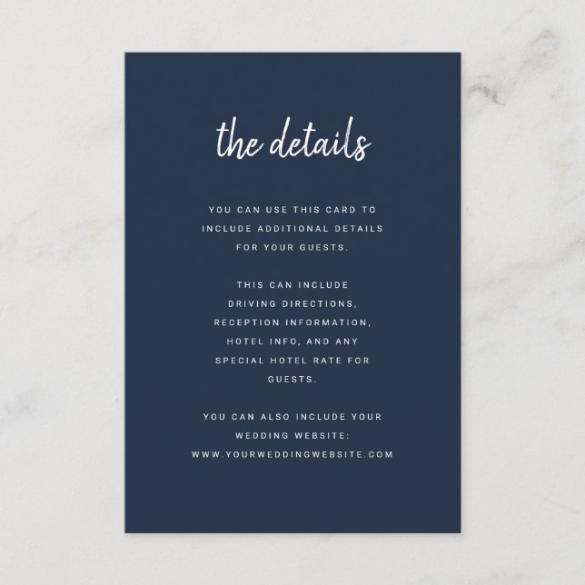 Modern Minimalist Script Navy Blue Wedding Details Enclosure Card (Front)