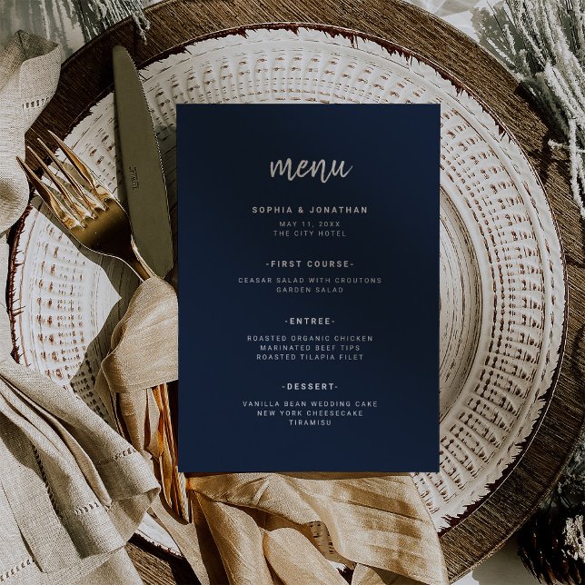 Modern Minimalist Script Navy Blue | Wedding Menu (Creator Uploaded)