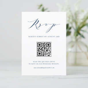Modern Minimalist Script Navy Blue Wedding QR Code RSVP Card