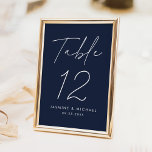 Modern Minimalist Script Navy Wedding Table Number<br><div class="desc">Simple, modern wedding table number cards featuring "Table" displayed in a handwritten white script with a navy background (or a colour of your choosing). To order the navy wedding table cards: add your name, wedding date, and table number. Each number needs to be added to your cart individually. After you...</div>