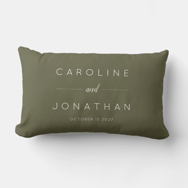 Modern Minimalist Script Olive Moss Custom Wedding Lumbar Pillow (Front)