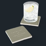 Modern Minimalist Script Olive Moss Custom Wedding Stone Coaster<br><div class="desc">These personalized stone coasters feature a soft olive green background with clean white typography for a modern, understated look. Customize with the couple’s names and wedding date to create a meaningful detail for coffee tables, bar carts, or reception décor. A thoughtful choice for wedding favors, engagement gifts, or everyday home...</div>