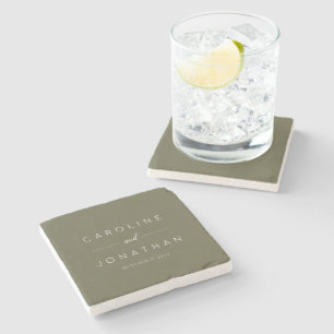 Modern Minimalist Script Olive Moss Custom Wedding Stone Coaster
