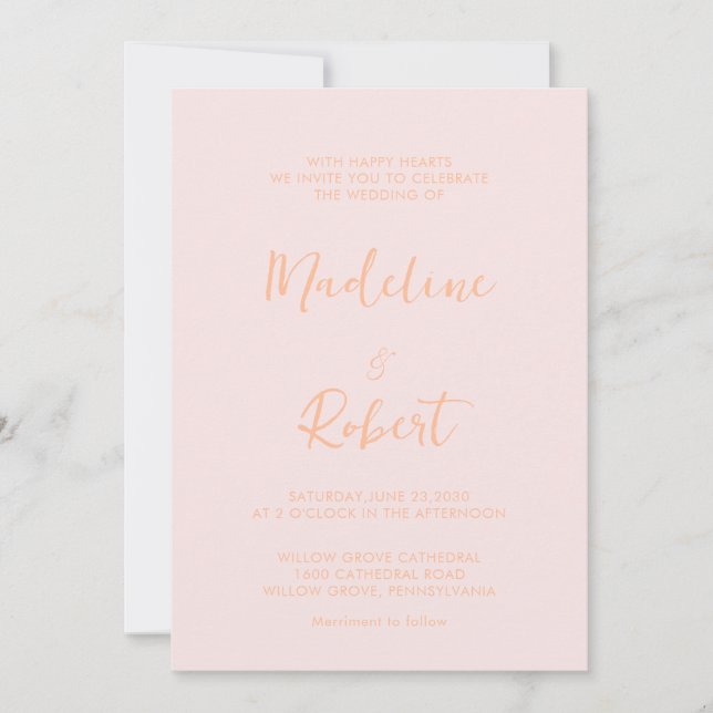 Modern Minimalist Script Peach blush pink Wedding  Invitation (Front)