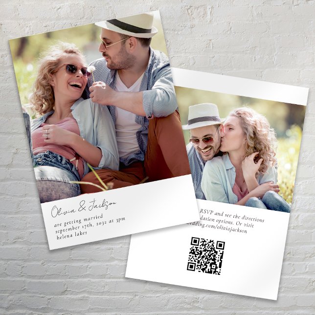 Modern Minimalist Script Photo QR Code Wedding Invitation (Creator Uploaded)
