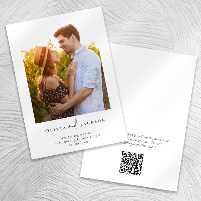 Modern Minimalist Script Photo QR Code Wedding Invitation (Creator Uploaded)