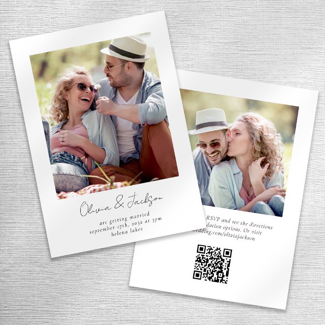 Modern Minimalist Script Photo QR Code Wedding Invitation (Creator Uploaded)