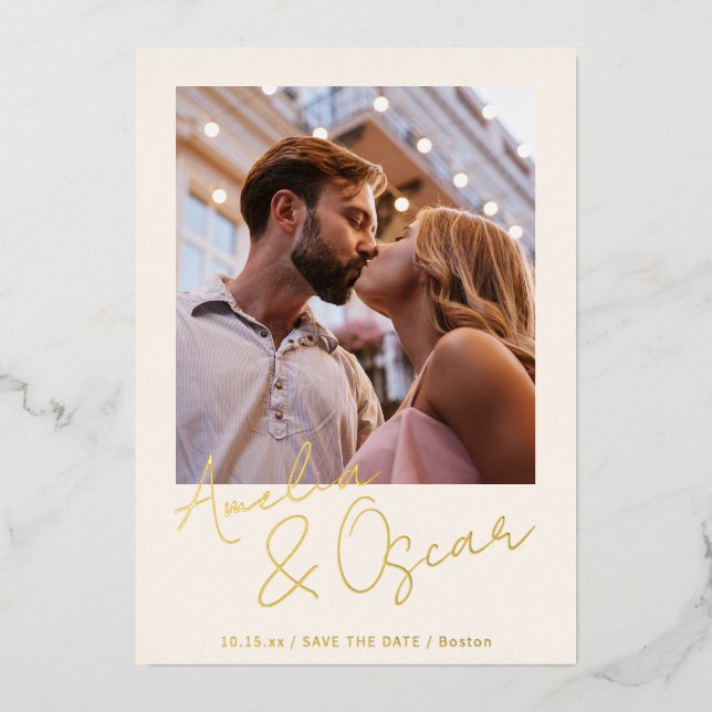 Modern Minimalist Script Photo Save the Date Gold (Front)