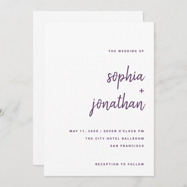 Modern Minimalist Script Purple on White | Wedding Invitation (Front/Back)