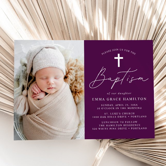 Modern Minimalist Script Purple Photo Baptism Invitation (Creator Uploaded)